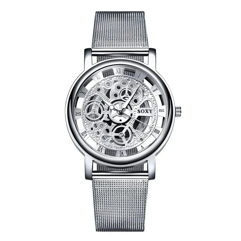 Silver skeleton amazon explosion watch with mesh band and roman numeral markings non-mechanical design
