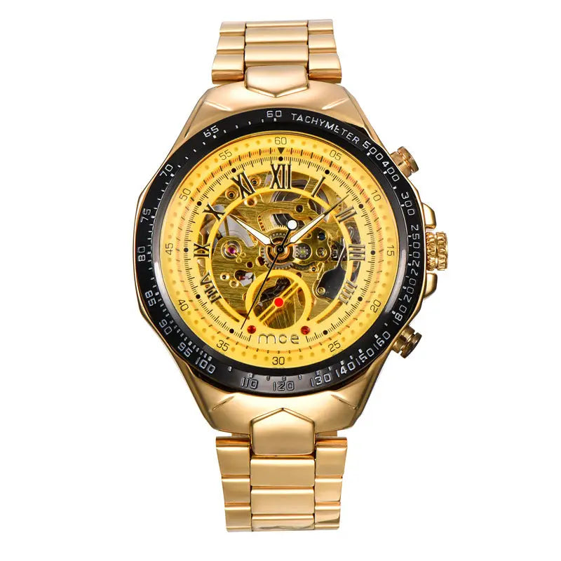 R&Z men’s mechanical watch with gold-tone skeleton chronograph, yellow face, black tachymeter bezel, and roman numerals