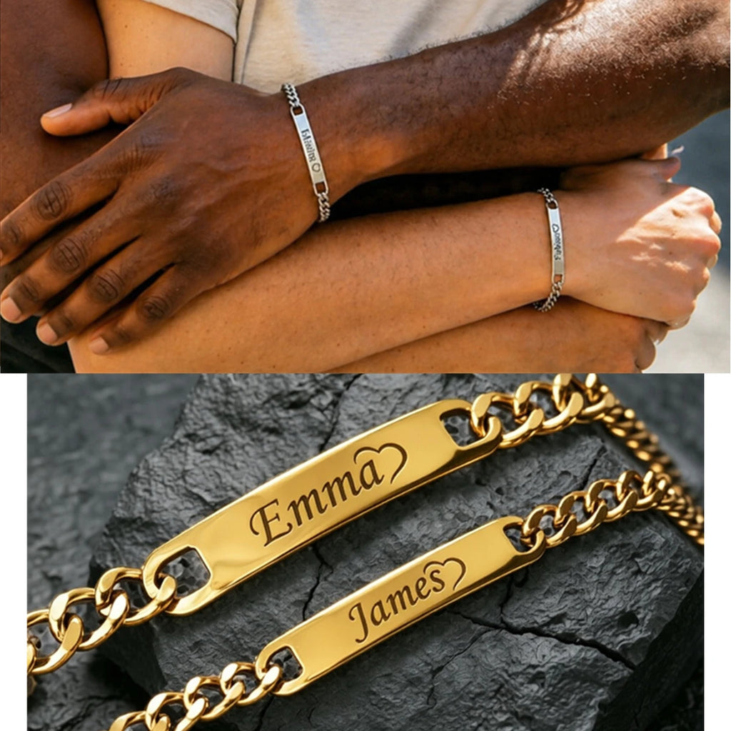 Engraved Name Customized Couple Bracelets Stainless Steel Gold Plated Thick Hand Chain Personalized Gift for Lover Men Women