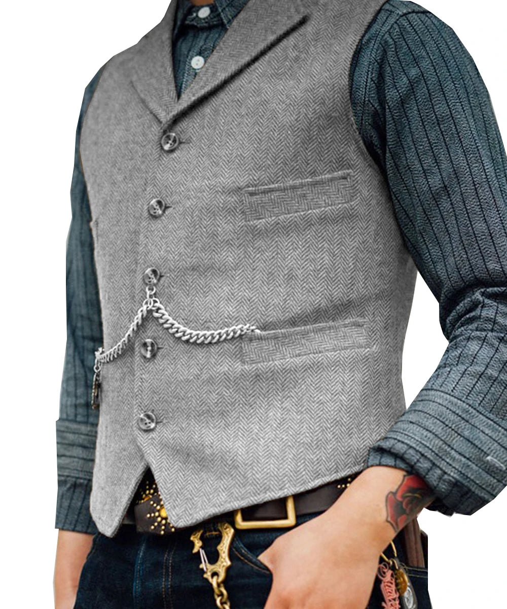 R&z -  Vest Lapel V Neck Wool Herringbone Casual Brown Waistcoat Casual Formal
