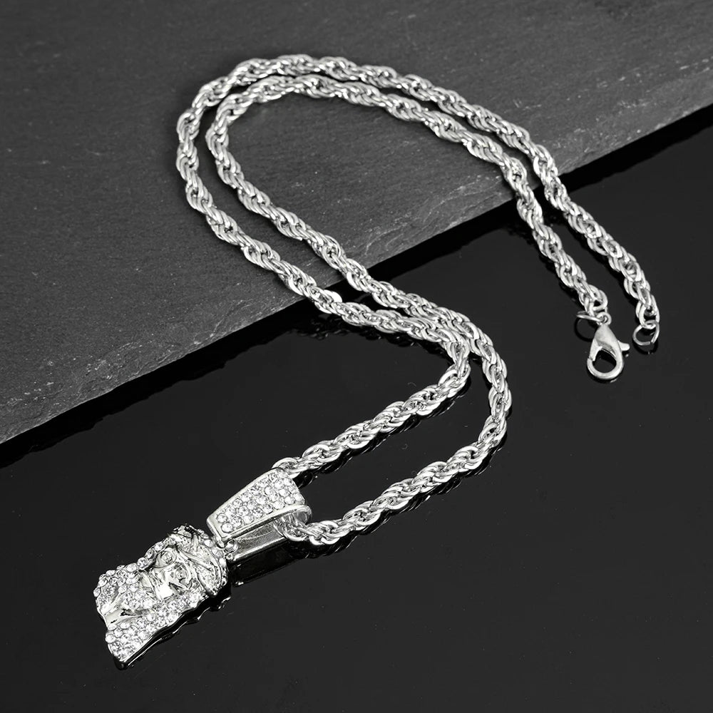 Hip Hop Jesus Human Head Luxury Gold Plated Pendant Men 4mm Rhinestone Tennis Chain Necklace Sparkling Women Punk Jewelry Gift