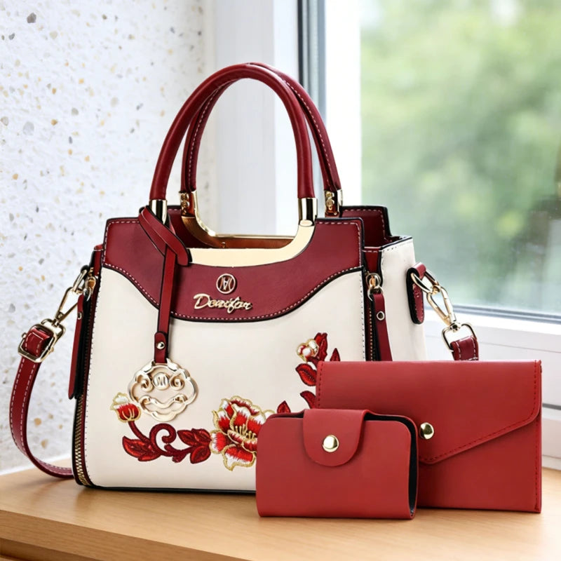 3-piece set of high-quality embroidered handbags, suitable for daily outings, dates and work. Fashionable versatile color-blocki