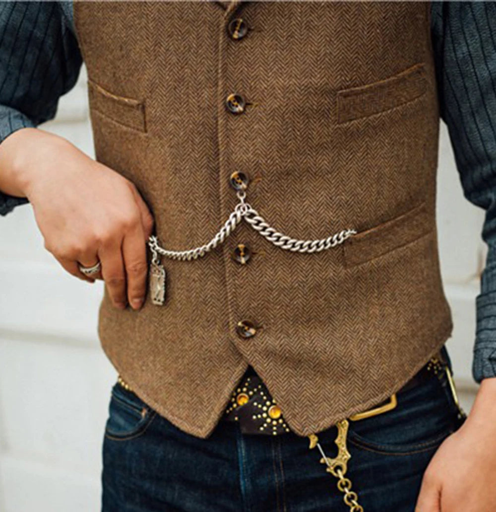 R&z -  Vest Lapel V Neck Wool Herringbone Casual Brown Waistcoat Casual Formal