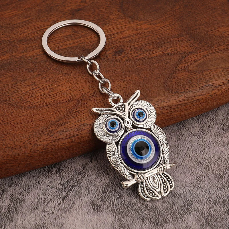 Religious Evil Eye Keychain Pendant Car Key & Keyring Silver Color Deep Blue Owl Animal Women Bag Accessories