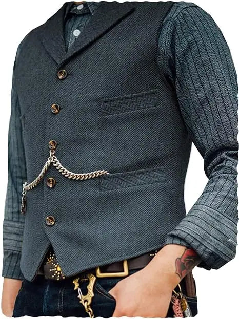 R&z - Vest Lapel V Neck Herringbone Casual Business Vest Waistcoat Groomman For Wedding Tweed Business Waistcoat