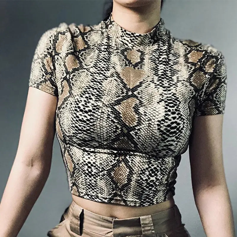 Snake Print Short Sleeve Crop Top for Women