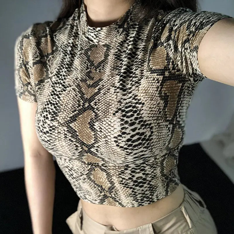Snake Print Short Sleeve Crop Top for Women