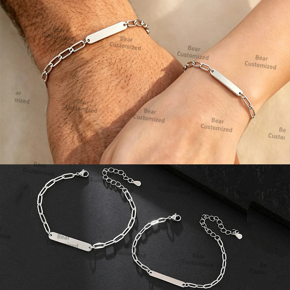 Engraved Name Customized Couple Bracelets Stainless Steel Gold Plated Thick Hand Chain Personalized Gift for Lover Men Women