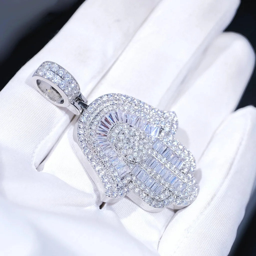 Hip Hop Jewelry Micro Iced Out Baguette CZ Hamsa Hand Pendant with 24" Tennis/Rope Chain Necklaces for Men Women