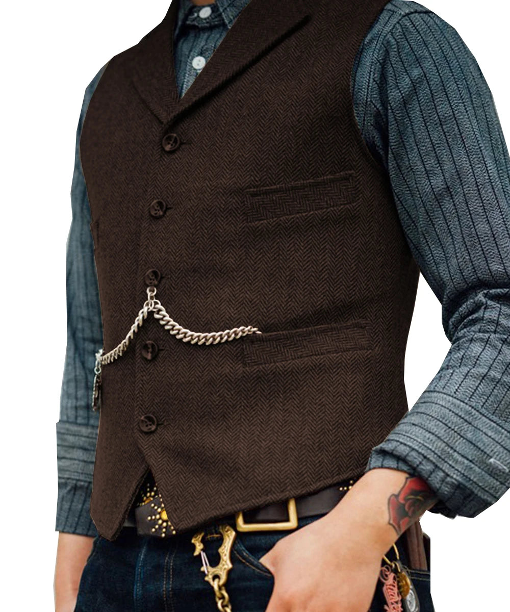 R&z -  Vest Lapel V Neck Wool Herringbone Casual Brown Waistcoat Casual Formal