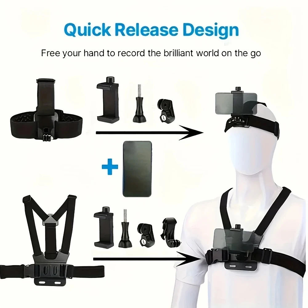 R&z - Kit Head Strap Chest Strap Mount Adjustable Holder for GoPro Phone DJI Osmo SJCAM AKASO insta360