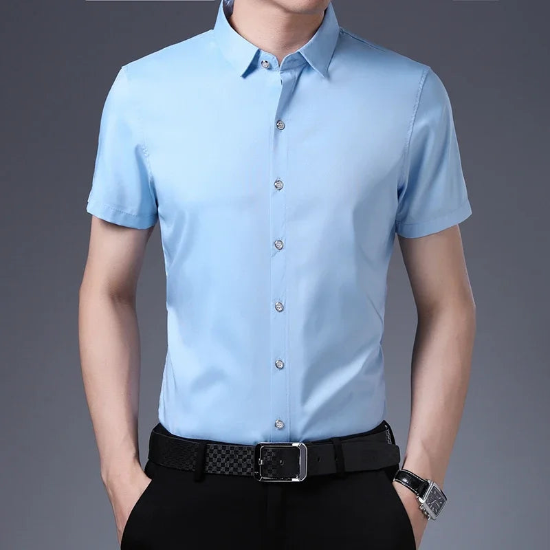 R&z - Men's Business Casual Solid Color Short Sleeved Shirt Non Ironing Comfortable Top