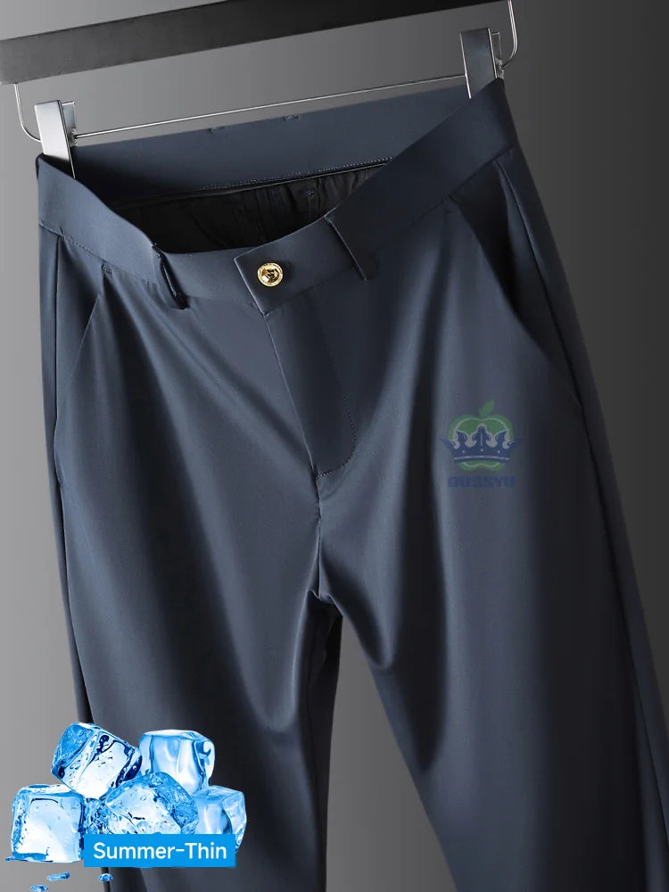 R&z -  Summer Thin Ice Silk Business Pants Men Elastic Waist Classic Work