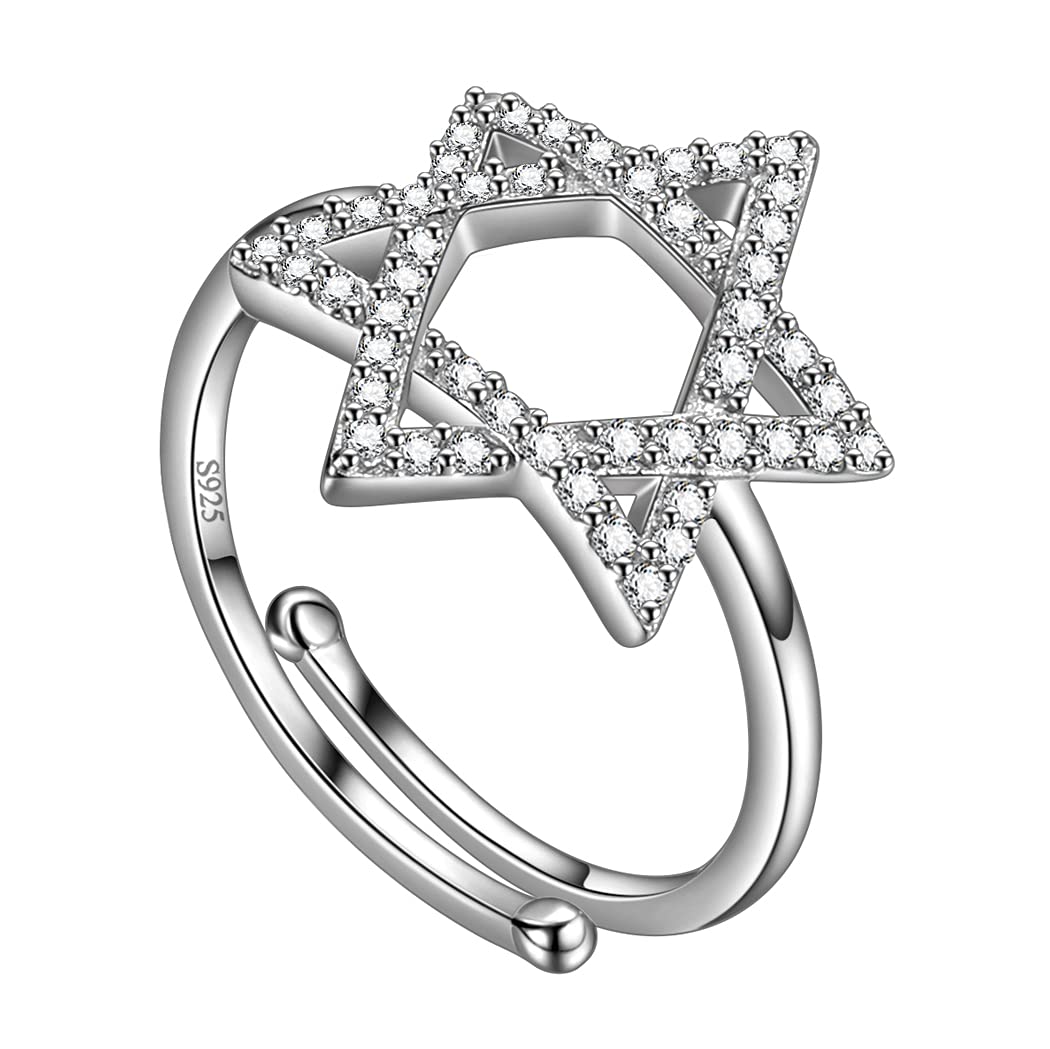 Cubic Zirconia Iced Out Star of David Ring Adjustable Magen David Star Band Ring for Mens Womens 925 Sterling Silver Jewish Ring Jewelry for Wedding Engagement Bridesmaid Gift FR0041W