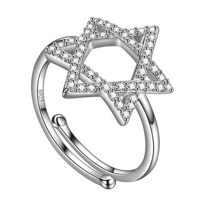 Cubic Zirconia Iced Out Star of David Ring Adjustable Magen David Star Band Ring for Mens Womens 925 Sterling Silver Jewish Ring Jewelry for Wedding Engagement Bridesmaid Gift FR0041W