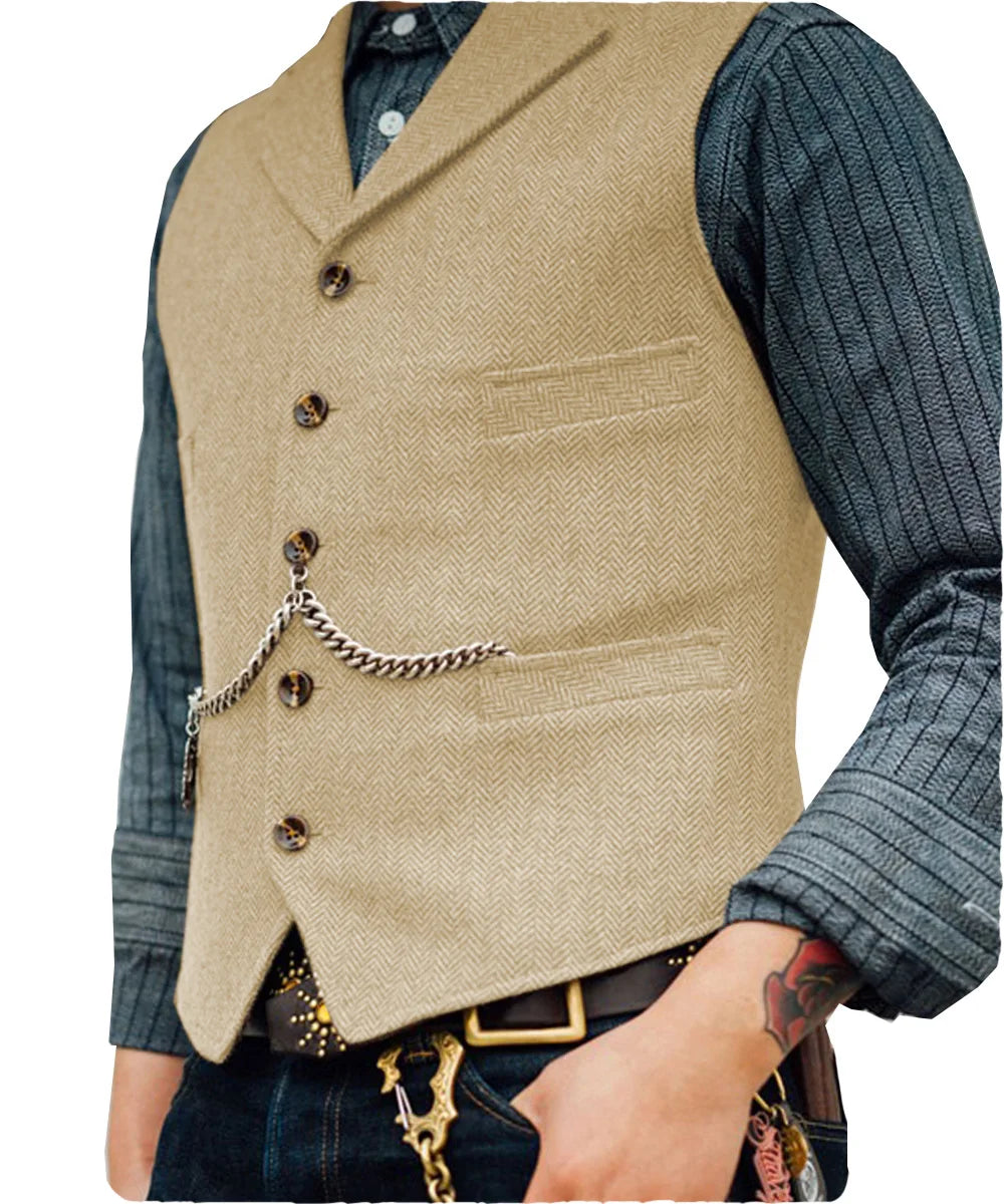 R&z -  Vest Lapel V Neck Wool Herringbone Casual Brown Waistcoat Casual Formal