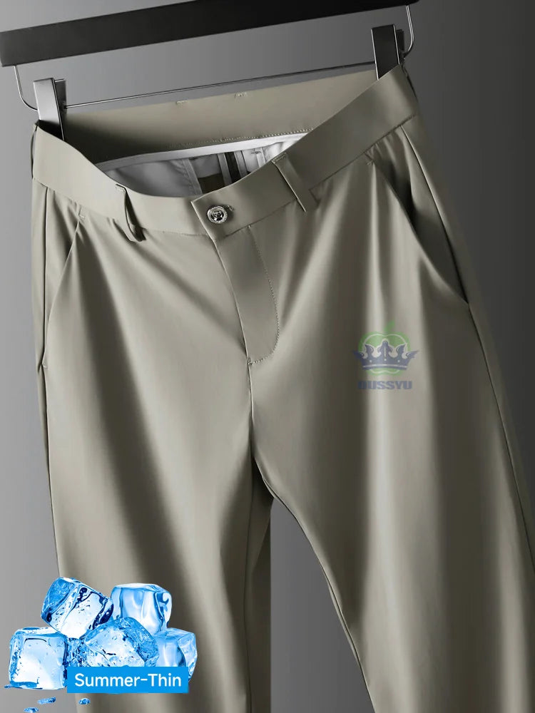 R&z -  Summer Thin Ice Silk Business Pants Men Elastic Waist Classic Work