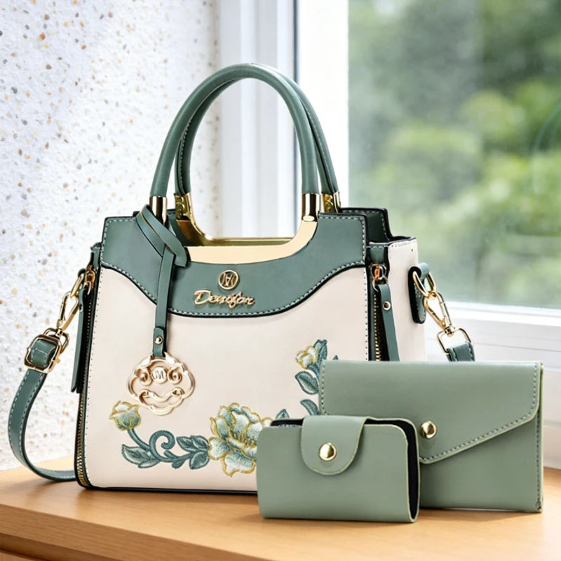 3-piece set of high-quality embroidered handbags, suitable for daily outings, dates and work. Fashionable versatile color-blocki