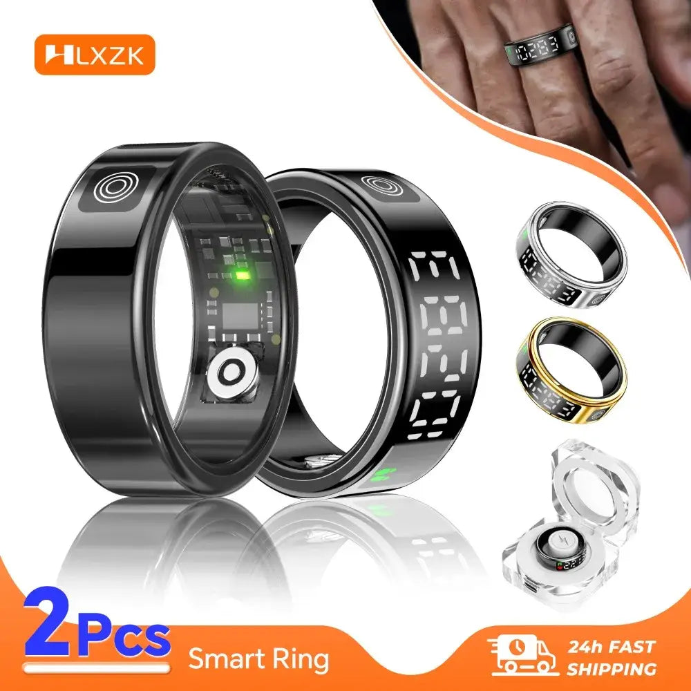 2 Set Display Screen Bluetooth Smart Rings Sleep Heart Rate Oxygen Monitoring Multi Sports Modes IP68 Waterproof Women