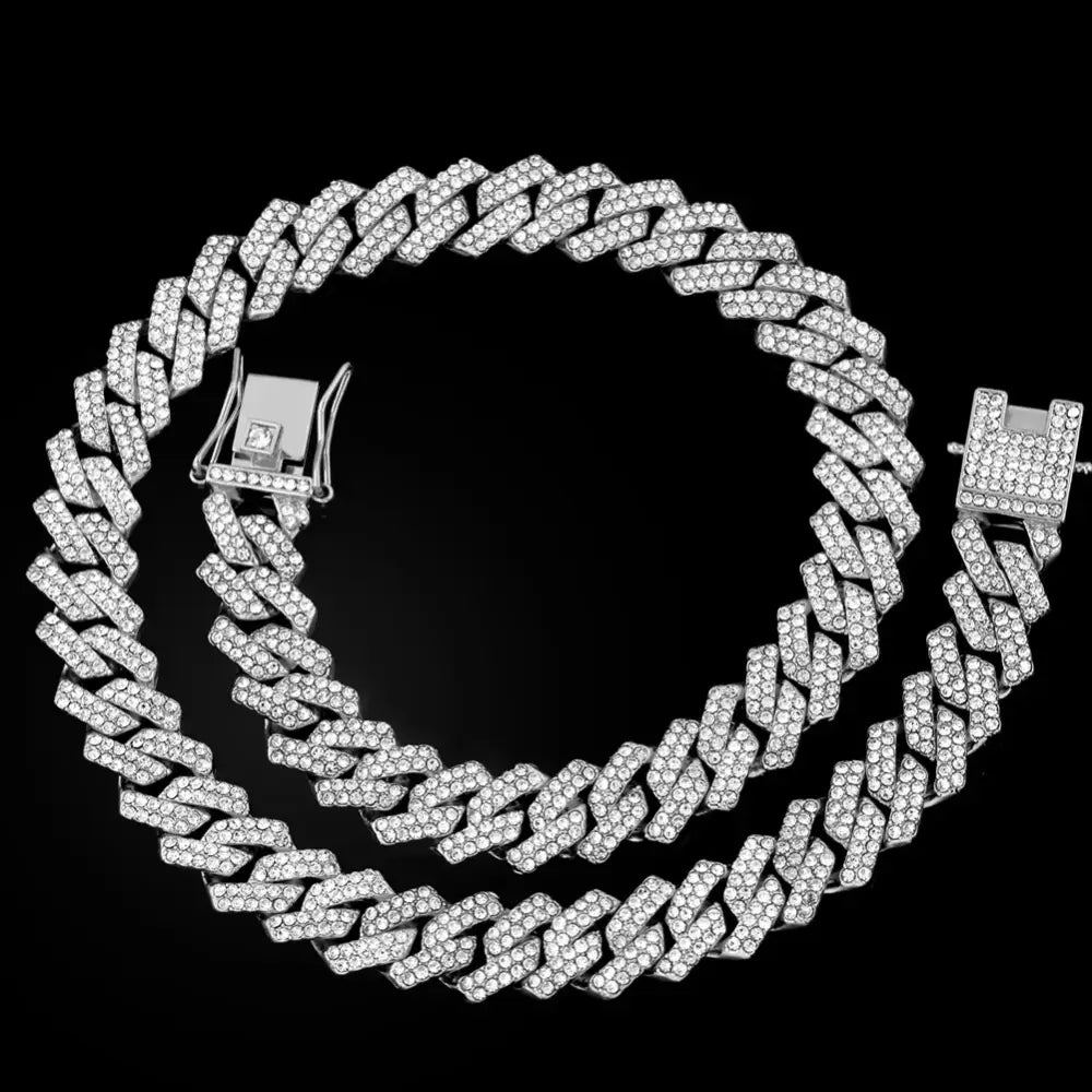 20-Inch Double-Drain Cuban Chain Unisex Ice-Frozen Edition Sparkling Diamond-Shaped Hip-Hop Style Cuban Necklace