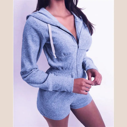 2020 New Women’s Hoodie Knit Jumpsuit with Shorts - Blue / L