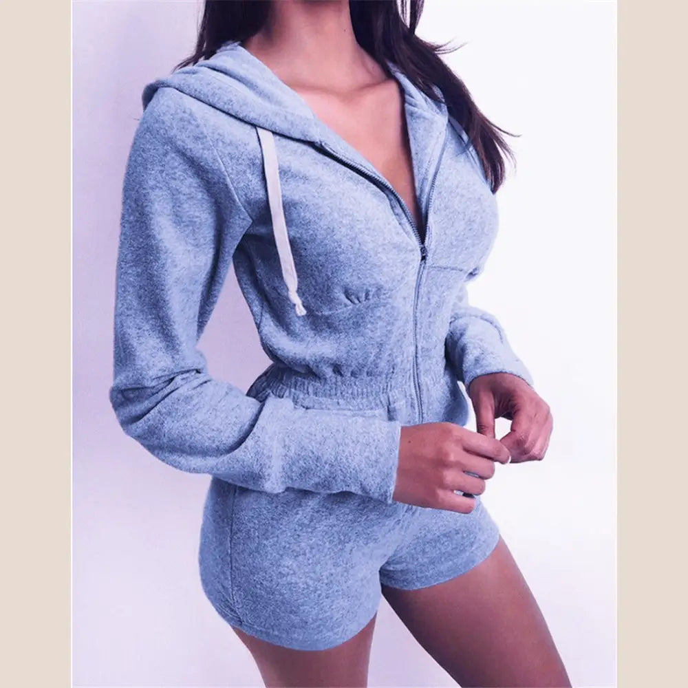 2020 New Women’s Hoodie Knit Jumpsuit with Shorts - Blue / XL