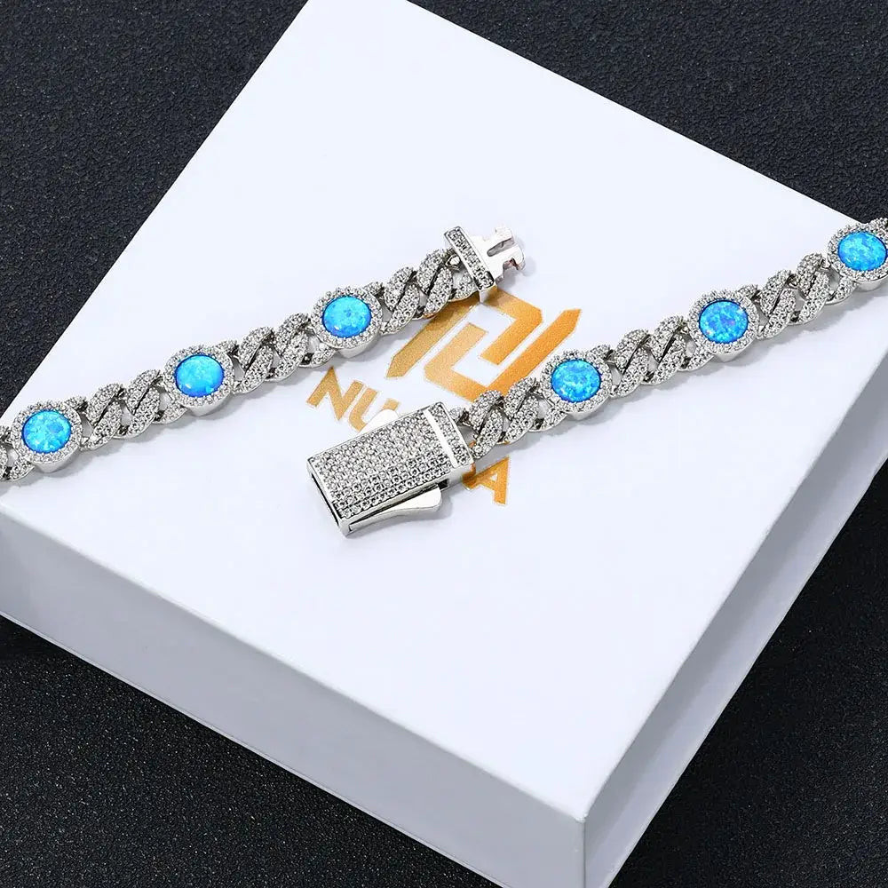 2025 Newest Arrival 18k Gold Plated Cubic Zircon Cuban Bracelet Jewelry Iced Out Big Blue Opal Cuban Chain Bracelet