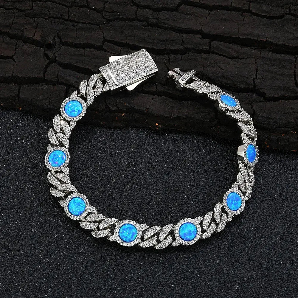 2025 Newest Arrival 18k Gold Plated Cubic Zircon Cuban Bracelet Jewelry Iced Out Big Blue Opal Cuban Chain Bracelet