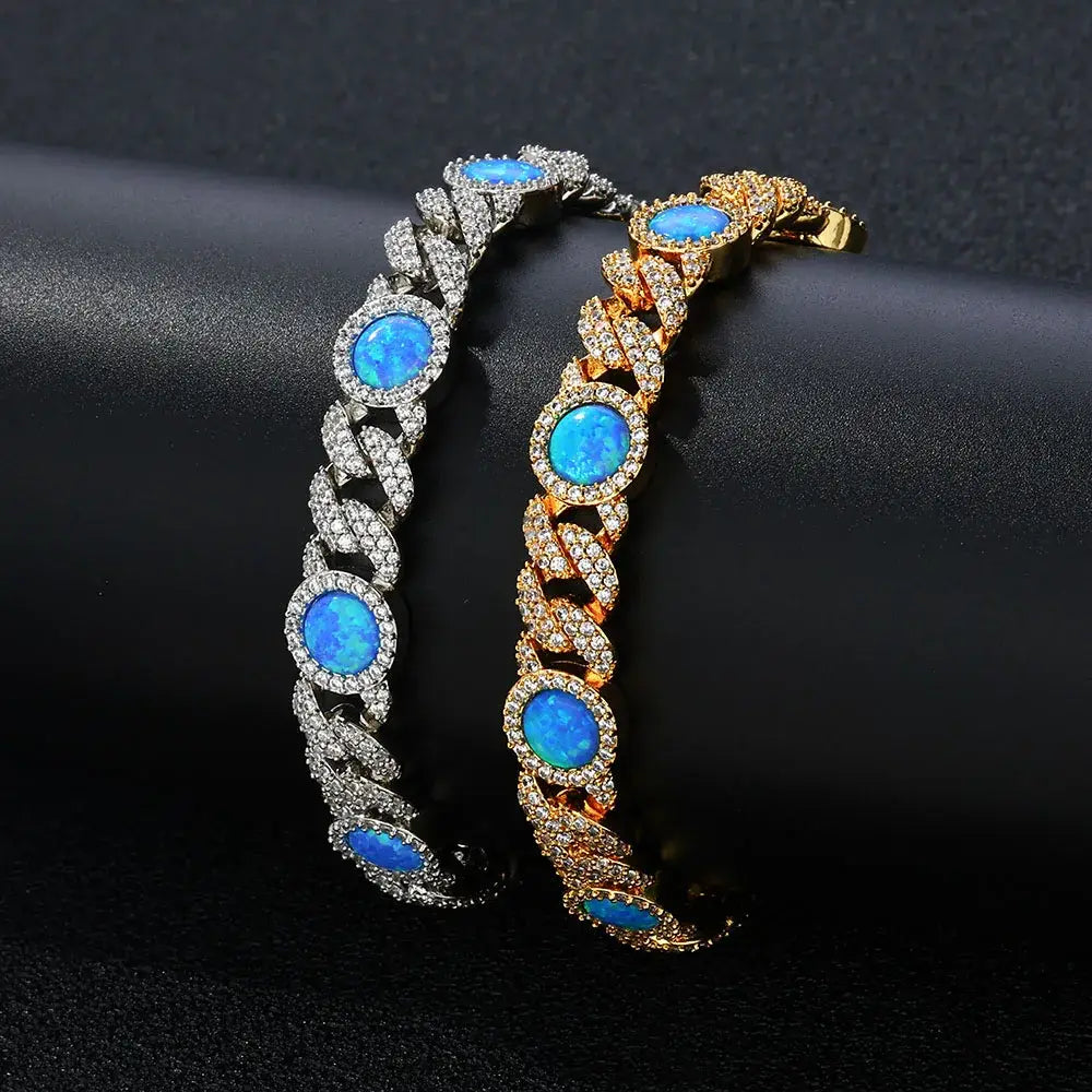 2025 Newest Arrival 18k Gold Plated Cubic Zircon Cuban Bracelet Jewelry Iced Out Big Blue Opal Cuban Chain Bracelet