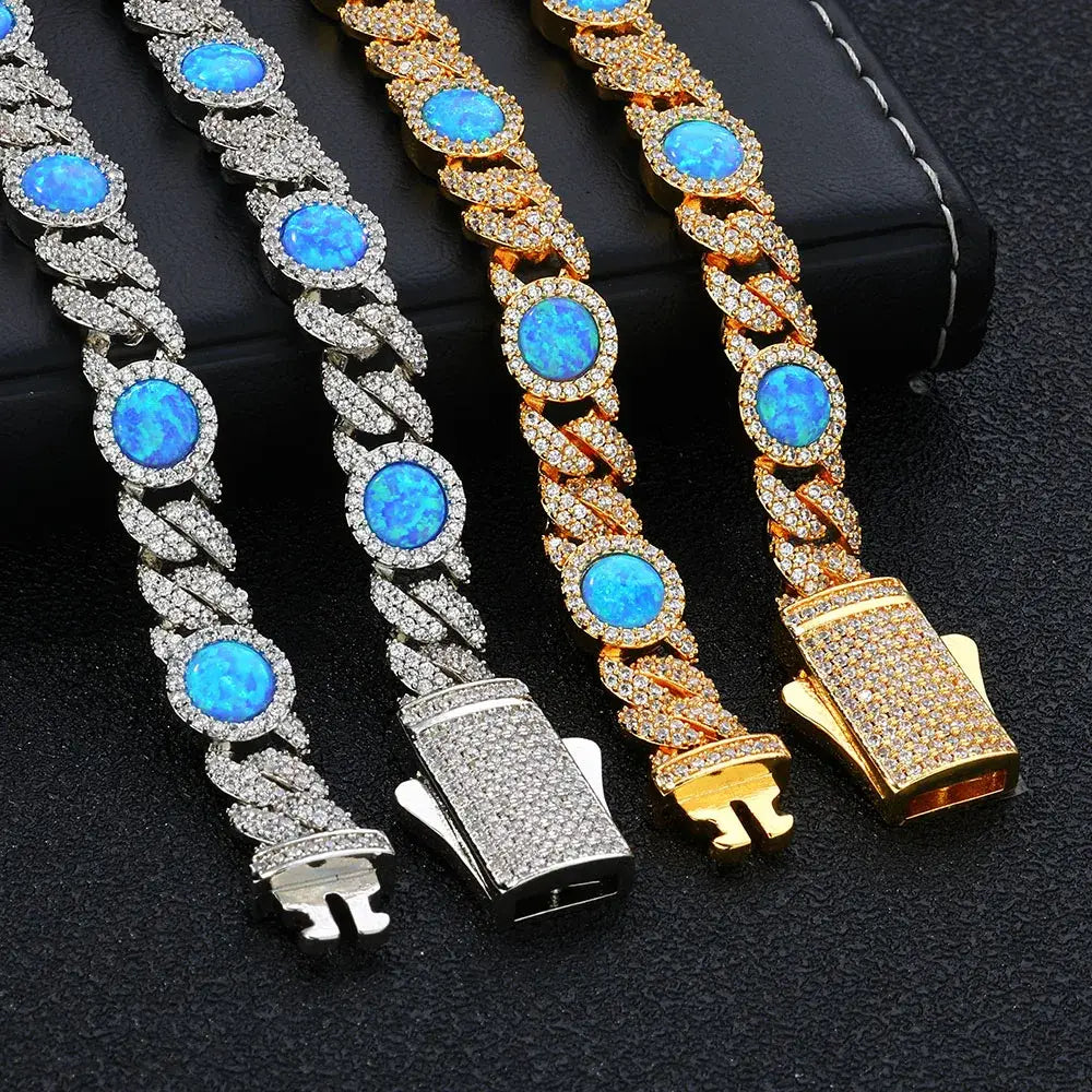 2025 Newest Arrival 18k Gold Plated Cubic Zircon Cuban Bracelet Jewelry Iced Out Big Blue Opal Cuban Chain Bracelet