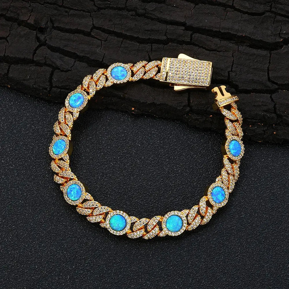 2025 Newest Arrival 18k Gold Plated Cubic Zircon Cuban Bracelet Jewelry Iced Out Big Blue Opal Cuban Chain Bracelet