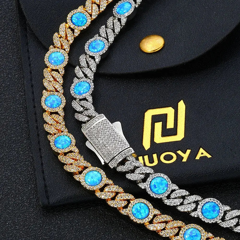2025 Newest Arrival 18k Gold Plated Cubic Zircon Cuban Bracelet Jewelry Iced Out Big Blue Opal Cuban Chain Bracelet