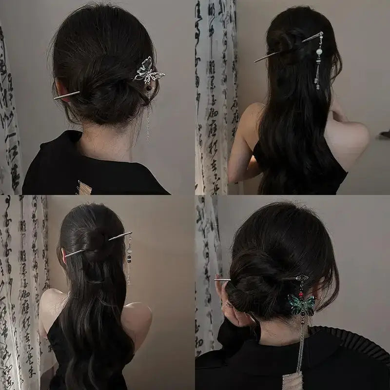 2026 New Chinese Style Butterfly Flower Tassel Hair Stick for Women Vintage Metal Hanfu Chopstick Hair Sticks Hair