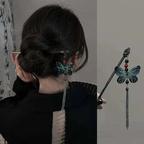 2026 New Chinese Style Butterfly Flower Tassel Hair Stick for Women Vintage Metal Hanfu Chopstick Hair Sticks Hair