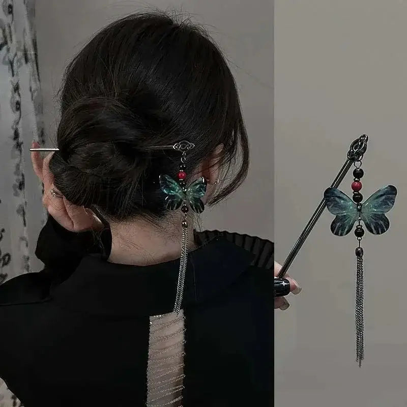 2026 New Chinese Style Butterfly Flower Tassel Hair Stick for Women Vintage Metal Hanfu Chopstick Hair Sticks Hair