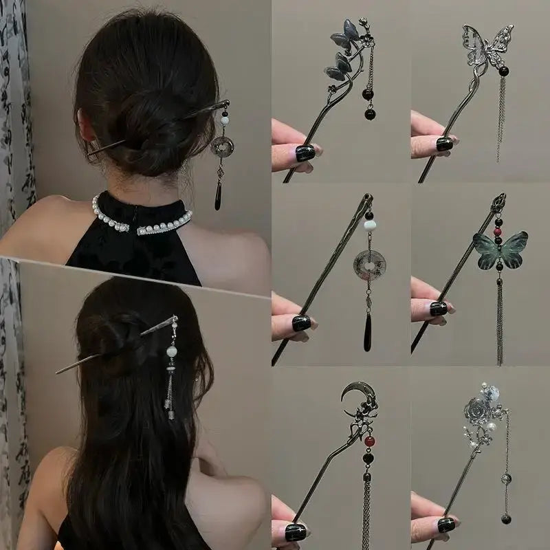 2026 New Chinese Style Butterfly Flower Tassel Hair Stick for Women Vintage Metal Hanfu Chopstick Hair Sticks Hair