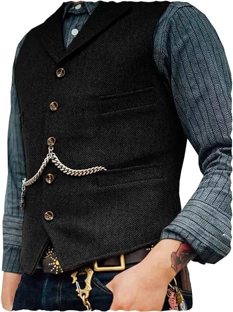 R&z - Vest Lapel V Neck Herringbone Casual Business Vest Waistcoat Groomman For Wedding Tweed Business Waistcoat