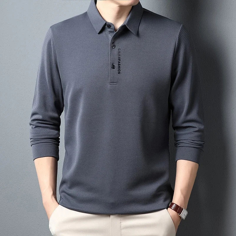 R&z - Men's Waffle Long Sleeved POLO Shirt with Letter Printed Lapel Casual Top