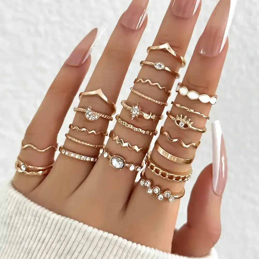 23PCS Fashion Luxury Shiny Zircon Wave Multi-Element Design Women’s Ring Set Suitable or Women’s Daily Wear Rings