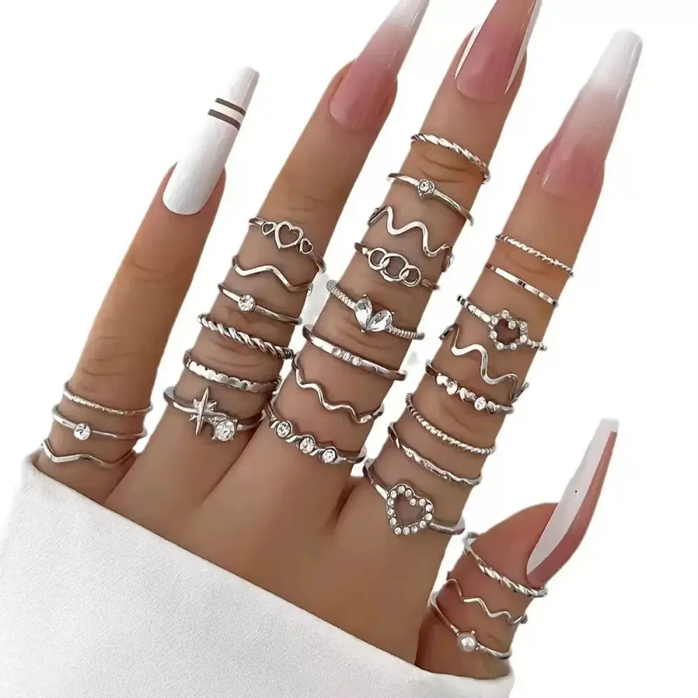 23PCS Fashion Luxury Shiny Zircon Wave Multi-Element Design Women’s Ring Set Suitable or Women’s Daily Wear Rings