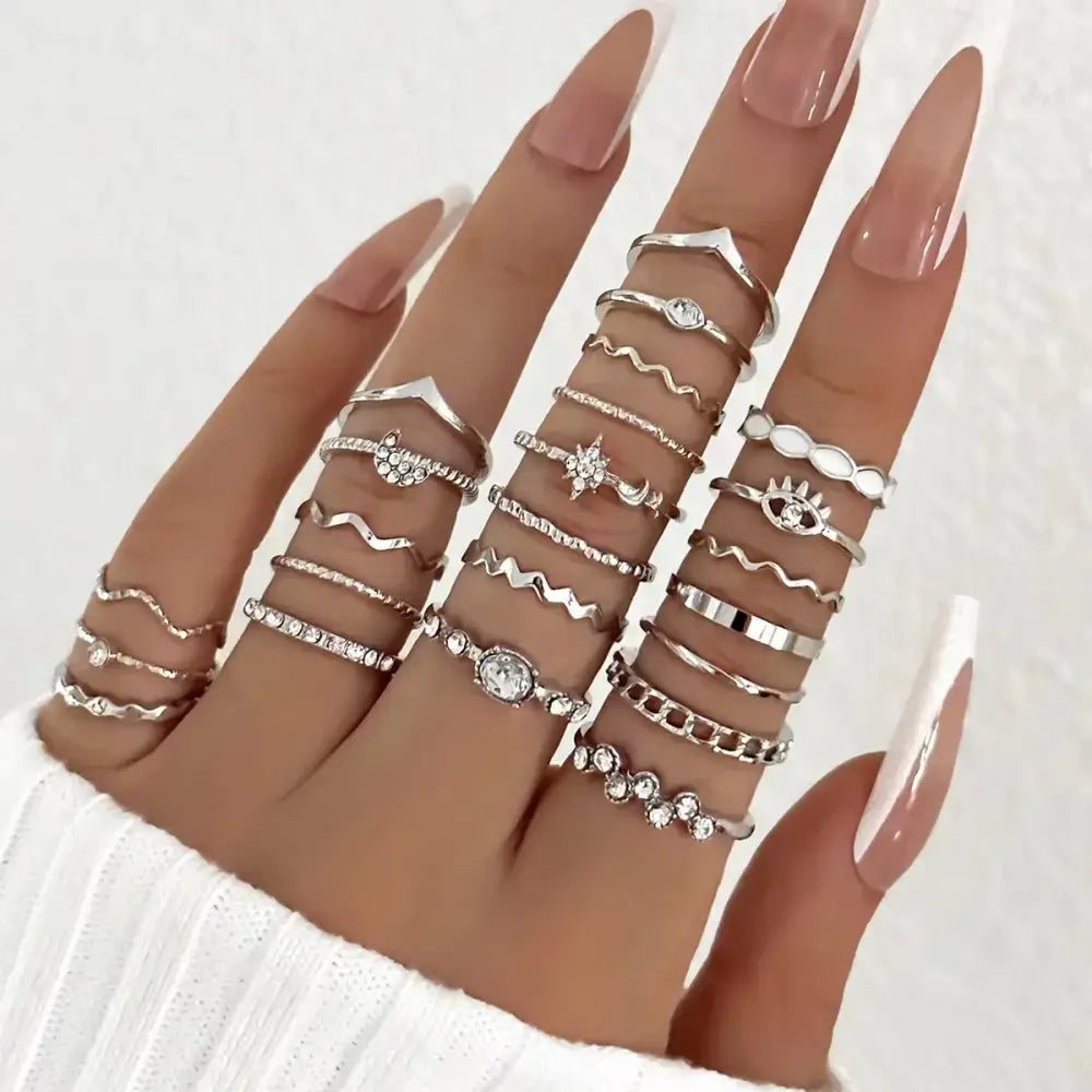 23PCS Fashion Luxury Shiny Zircon Wave Multi-Element Design Women’s Ring Set Suitable or Women’s Daily Wear Rings