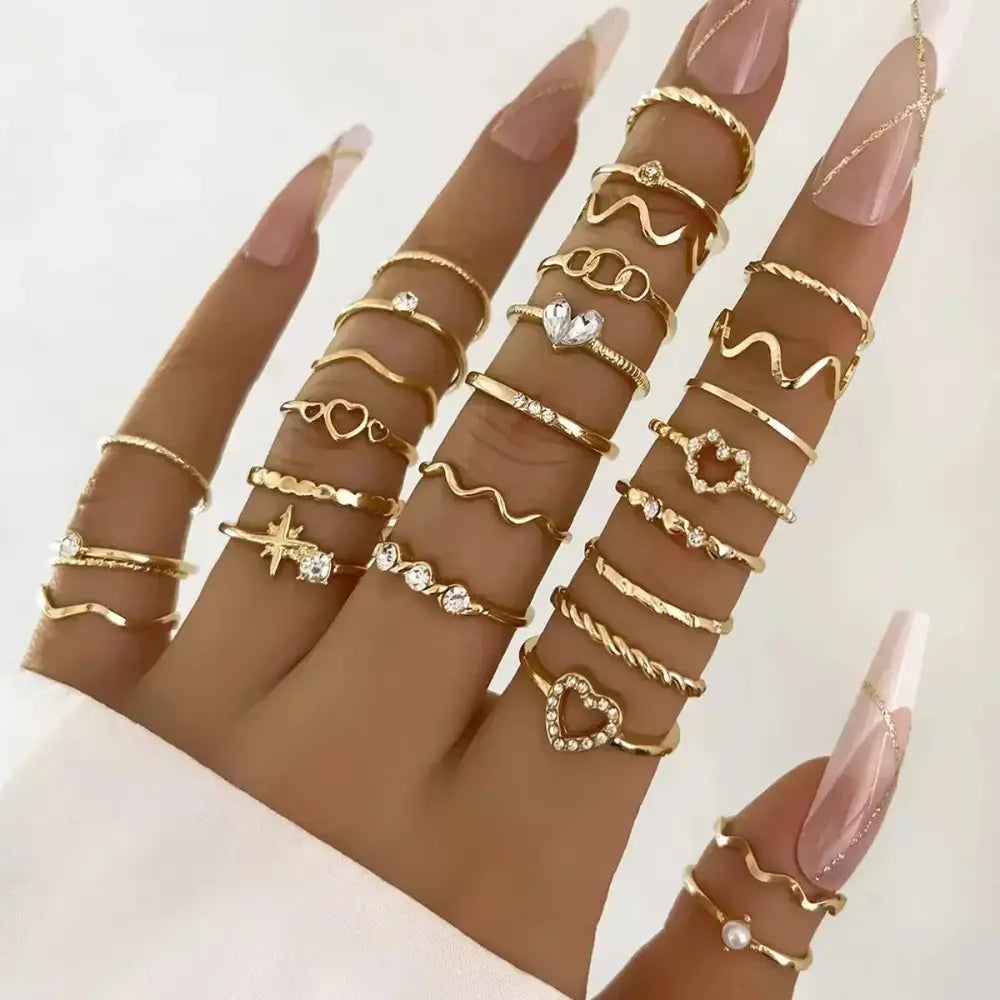 23PCS Fashion Luxury Shiny Zircon Wave Multi-Element Design Women’s Ring Set Suitable or Women’s Daily Wear Rings