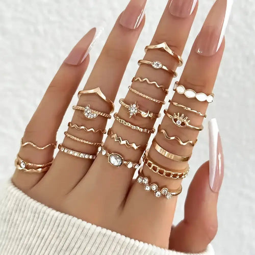 23PCS Fashion Luxury Shiny Zircon Wave Multi-Element Design Women’s Ring Set Suitable or Women’s Daily Wear Rings