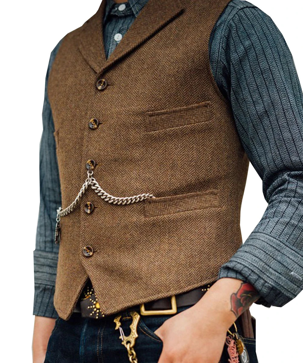 R&z -  Vest Lapel V Neck Wool Herringbone Casual Brown Waistcoat Casual Formal