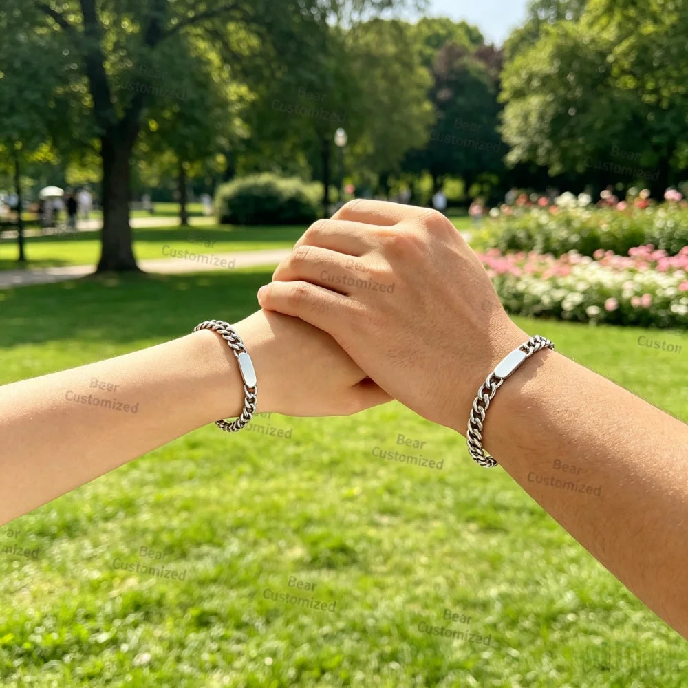 Engraved Name Customized Couple Bracelets Stainless Steel Gold Plated Thick Hand Chain Personalized Gift for Lover Men Women