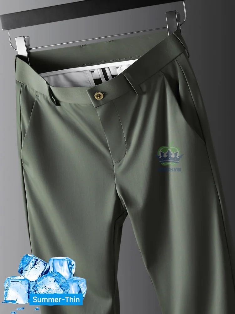 R&z -  Summer Thin Ice Silk Business Pants Men Elastic Waist Classic Work