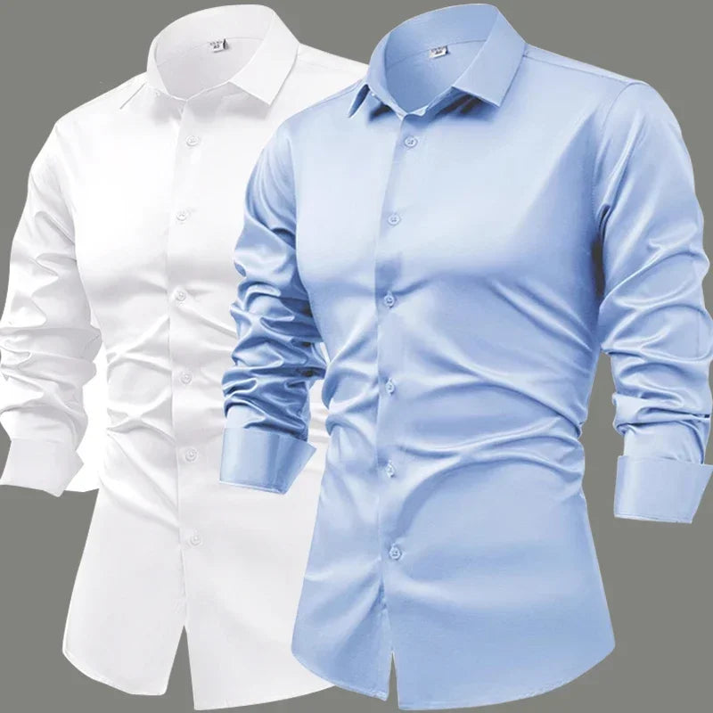 R&z - Silk cotton long sleeved shirt men's pure white shirt 2025 spring high-end sense inch shirt casual business suit formal wear