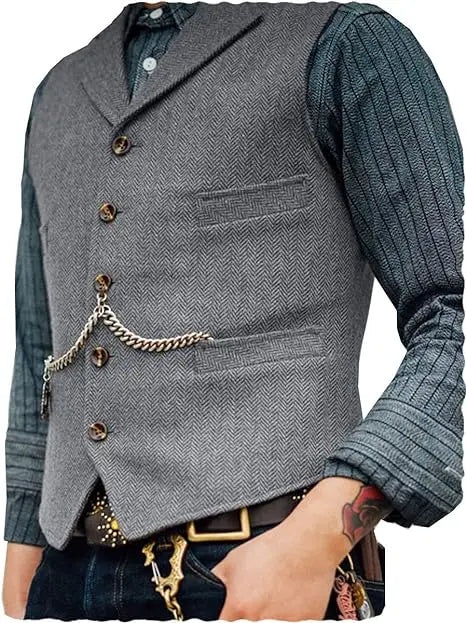 R&z - Vest Lapel V Neck Herringbone Casual Business Vest Waistcoat Groomman For Wedding Tweed Business Waistcoat