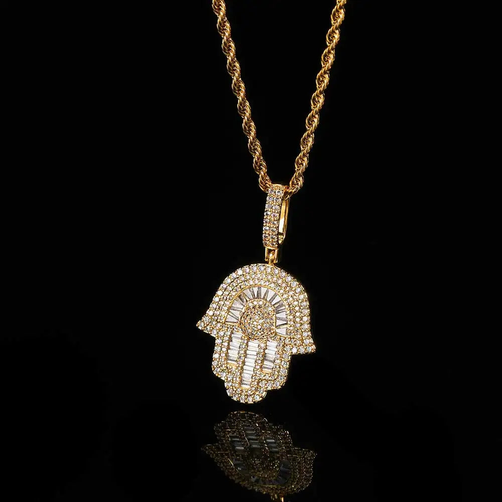 Hip Hop Jewelry Micro Iced Out Baguette CZ Hamsa Hand Pendant with 24" Tennis/Rope Chain Necklaces for Men Women