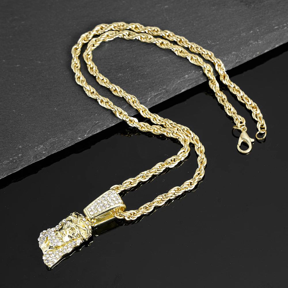 Hip Hop Jesus Human Head Luxury Gold Plated Pendant Men 4mm Rhinestone Tennis Chain Necklace Sparkling Women Punk Jewelry Gift